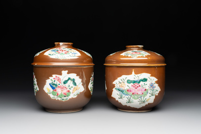 Four Chinese famille rose capucin-brown-ground sugar bowls and covers, Qianlong
