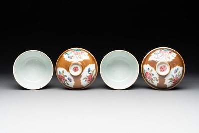 Four Chinese famille rose capucin-brown-ground sugar bowls and covers, Qianlong