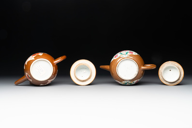 Four Chinese capucin-brown-ground teapots, Yongzheng/Qianlong