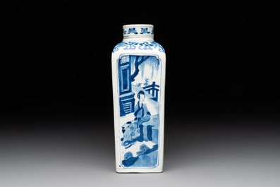 A Chinese blue and white square flask and cover with figural design, Kangxi