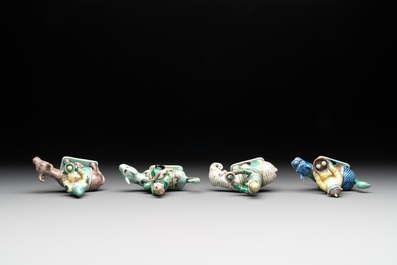 Eight Chinese verte biscuit figures riding mythical animals, 19/20th C.
