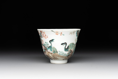 A fine Chinese falangcai 'peacock and plum blossom' cup, Yongzheng mark and of the period