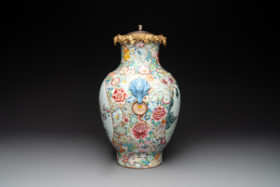 A Chinese famille rose 'millefleurs' vase mounted as lamp, Qianlong mark, Republic