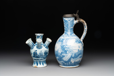A blue and white Dutch Delft 'chinoiserie' tulip vase, a baluster vase and a pewter-mounted jug, 17th C.