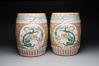 A pair of Chinese famille rose 'dragon and phoenix' garden seats, 19/20th C.