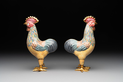 A pair of Chinese Canton enamel roosters, 20th C.