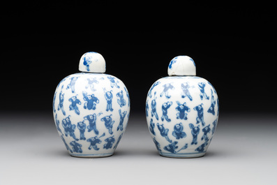 A Chinese wucai vase and seven blue and white jarlets, 19th C.