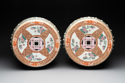 A pair of Chinese famille rose 'dragon and phoenix' garden seats, 19/20th C.