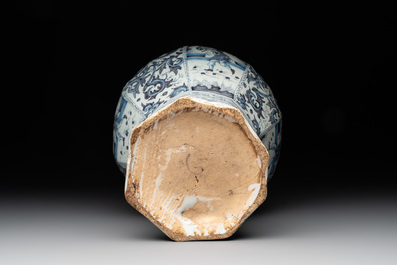 A blue and white Dutch Delft 'chinoiserie' tulip vase, a baluster vase and a pewter-mounted jug, 17th C.