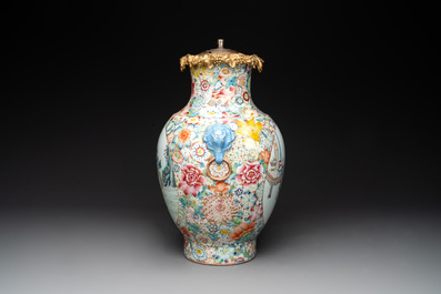 A Chinese famille rose 'millefleurs' vase mounted as lamp, Qianlong mark, Republic