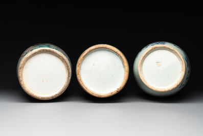 A fine Chinese famille rose 'phoenix' vase and two blue and white celadon-ground vases, 19th C.