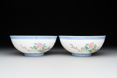 Five Chinese famille rose eggshell bowls and a cup, 20th C.