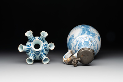 A blue and white Dutch Delft 'chinoiserie' tulip vase, a baluster vase and a pewter-mounted jug, 17th C.