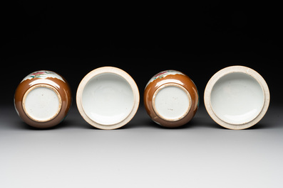 Four Chinese famille rose capucin-brown-ground sugar bowls and covers, Qianlong