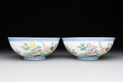 Five Chinese famille rose eggshell bowls and a cup, 20th C.