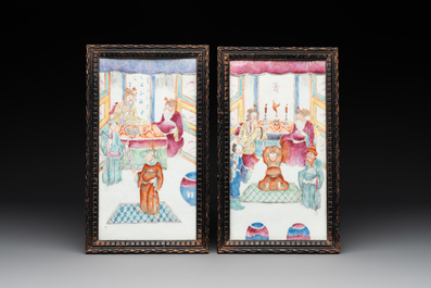 A pair of Chinese famille rose plaques, two brush pots, a saucer and a covered box, Qianlong mark, 18/19th C.