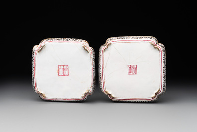 A pair of Chinese Canton enamel square saucers, Shang Xin 賞心 mark, 18th C.