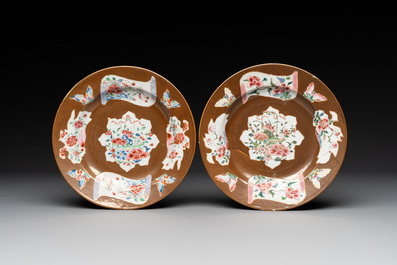 A Chinese famille rose capucin-brown-ground bowl and two plates, Qianlong