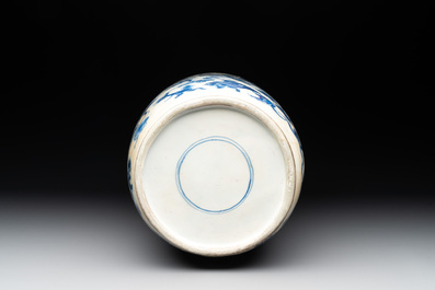 A Chinese blue and white 'phoenix and peony scroll' rouleau vase, Kangxi