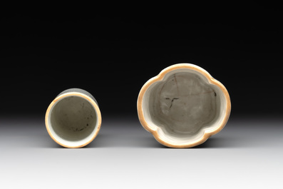 A pair of Chinese famille rose plaques, two brush pots, a saucer and a covered box, Qianlong mark, 18/19th C.