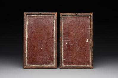 A pair of Chinese famille rose plaques, two brush pots, a saucer and a covered box, Qianlong mark, 18/19th C.