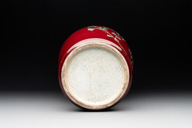 A Chinese flamb&eacute;-glazed famille-rose-decorated vase, 19th C.