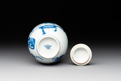 A Chinese blue and white 'ladies playing go' tea caddy and cover, Kangxi