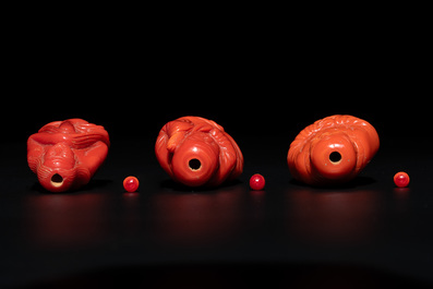 A set of ten Chinese coral-red glass Luohan-form snuff bottles, 20th C.