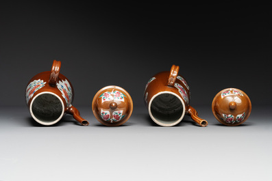 A pair of large Chinese Imari-style capucin-brown-ground teapots and two famille rose chocolate pots, Qianlong