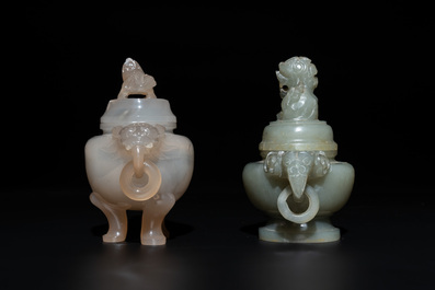 Five Chinese jade and agate incense burners and covers, 20th C.