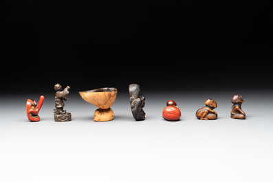 Five Japanese netsukes, a bronze figure and a lacquered burl wood cup, 19th C.
