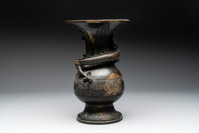 A Chinese archaistic bronze gold-splashed 'dragon' vase, Dong 東 mark, Ming