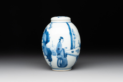 A Chinese blue and white 'ladies playing go' tea caddy and cover, Kangxi