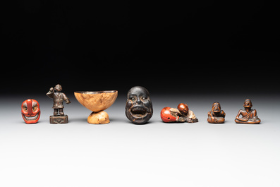 Five Japanese netsukes, a bronze figure and a lacquered burl wood cup, 19th C.