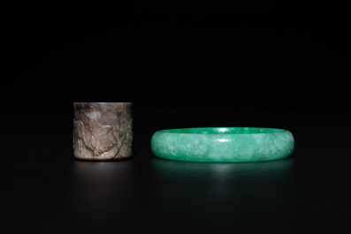 Three Chinese jade belt hooks, a hairpin, a bangle and an archer's ring, 19/20th C.