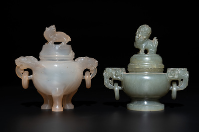 Five Chinese jade and agate incense burners and covers, 20th C.