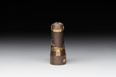 A fine Japanese copper- and gold-inlaid niellated iron pyrogen with hunting scenes, 日本國京都住駒井製 mark, Komai workshop, Kyoto, Meiji period