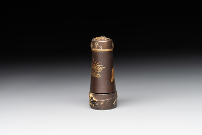 A fine Japanese copper- and gold-inlaid niellated iron pyrogen with hunting scenes, 日本國京都住駒井製 mark, Komai workshop, Kyoto, Meiji period