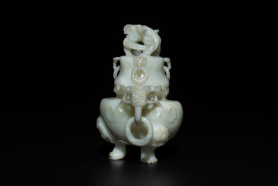 Five Chinese jade and agate incense burners and covers, 20th C.