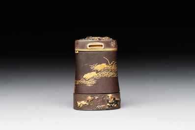 A fine Japanese copper- and gold-inlaid niellated iron pyrogen with hunting scenes, 日本國京都住駒井製 mark, Komai workshop, Kyoto, Meiji period
