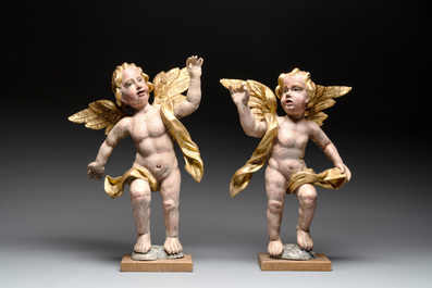 Two pairs of gilt and polychromed wooden figures of angels, Germany, 18/19th C.