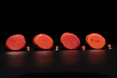 A set of ten Chinese coral-red glass Luohan-form snuff bottles, 20th C.