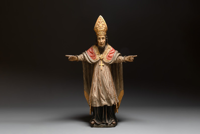 A gilt and polychromed oak figure of a bishop, Southern Netherlands or France, 18th C.