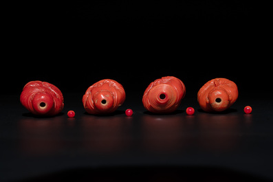 A set of ten Chinese coral-red glass Luohan-form snuff bottles, 20th C.