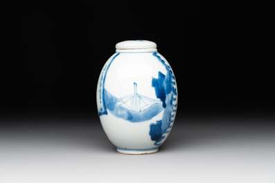 A Chinese blue and white 'ladies playing go' tea caddy and cover, Kangxi