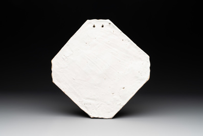 A lozenge-shaped polychrome Dutch Delft mixed technique 'maritime subject' plaque, 18th C.