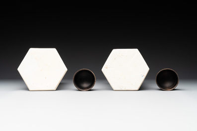 A pair of Chinese famille verte hexagonal tea caddies, Kangxi