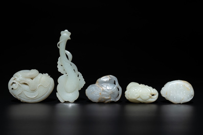 Five Chinese white, celadon and russet jade carvings of three melons, a lotus pod and a lingzhi, 19th C.