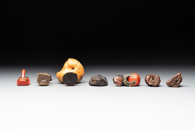 Five Japanese netsukes, a bronze figure and a lacquered burl wood cup, 19th C.