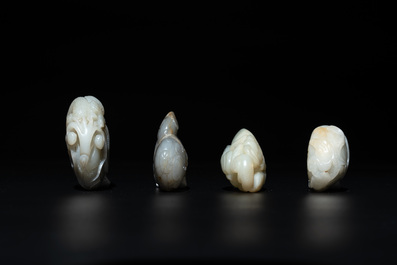 Five Chinese white, celadon and russet jade carvings of three melons, a lotus pod and a lingzhi, 19th C.